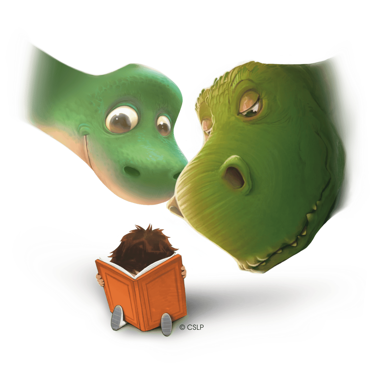 Two dinosaurs watching someone read a book