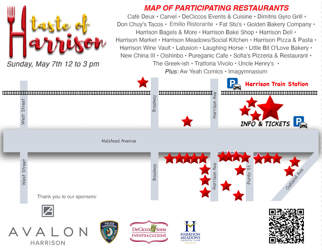 Map of participating restaurants: Cafe Deux, Carvel, DeCicco's, Dimitris Gyro Grill, Don Chuy's Tacos, Emilio Ristorante, Harrison Bagel Store, Harrison Bake Shop, Harrison Deli, Harrison Market, Harriso Pizza and Pasta, Harrison Wine Vault, Latusion, Laughing Horse, New China III, Oishinbo, Purganic Cafe, Sofia's Pizzeria & Restaurant, The Greek-ish, TNT Luncheonette, Trattoria Vivolo, and Uncle Henry's