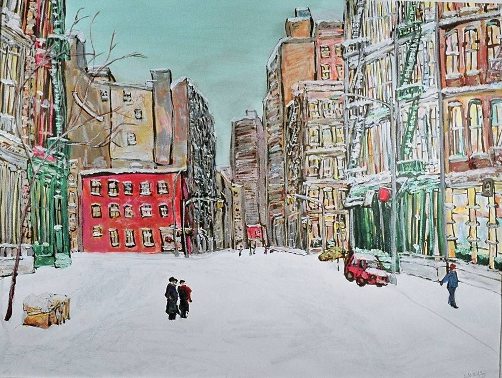 A mostly vacant, snowy New York City street, with one or two people and cars. Buildings line the top half of the painting, above the street.