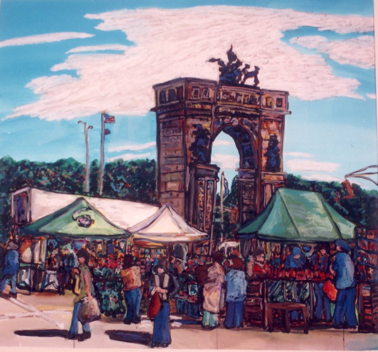 The central arch of Grand Army Plaza looms above green and white vendor tents, with many people milling about between them.