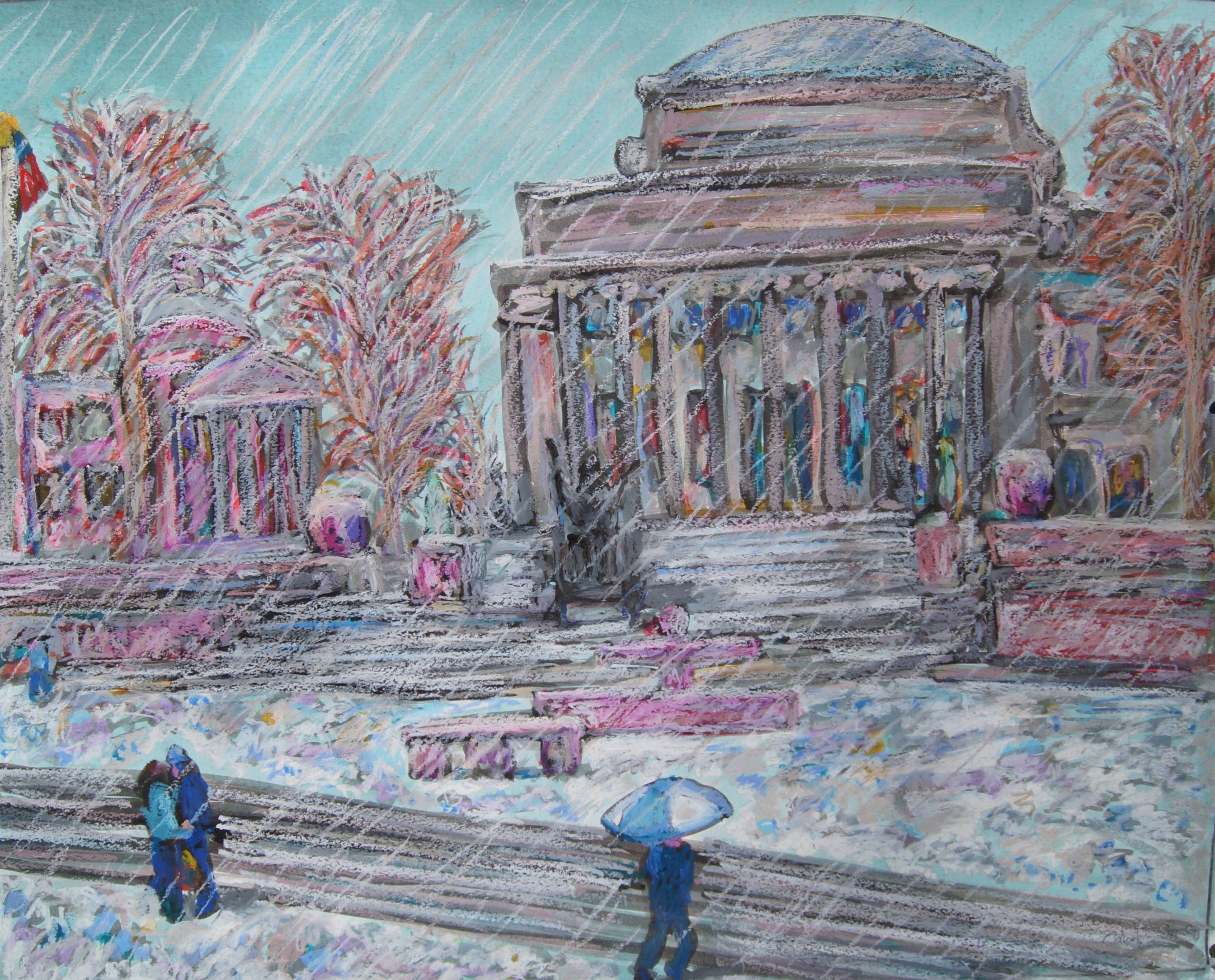 A couple embracing as the snow falls on Low Library, the heart of the Columbia campus.