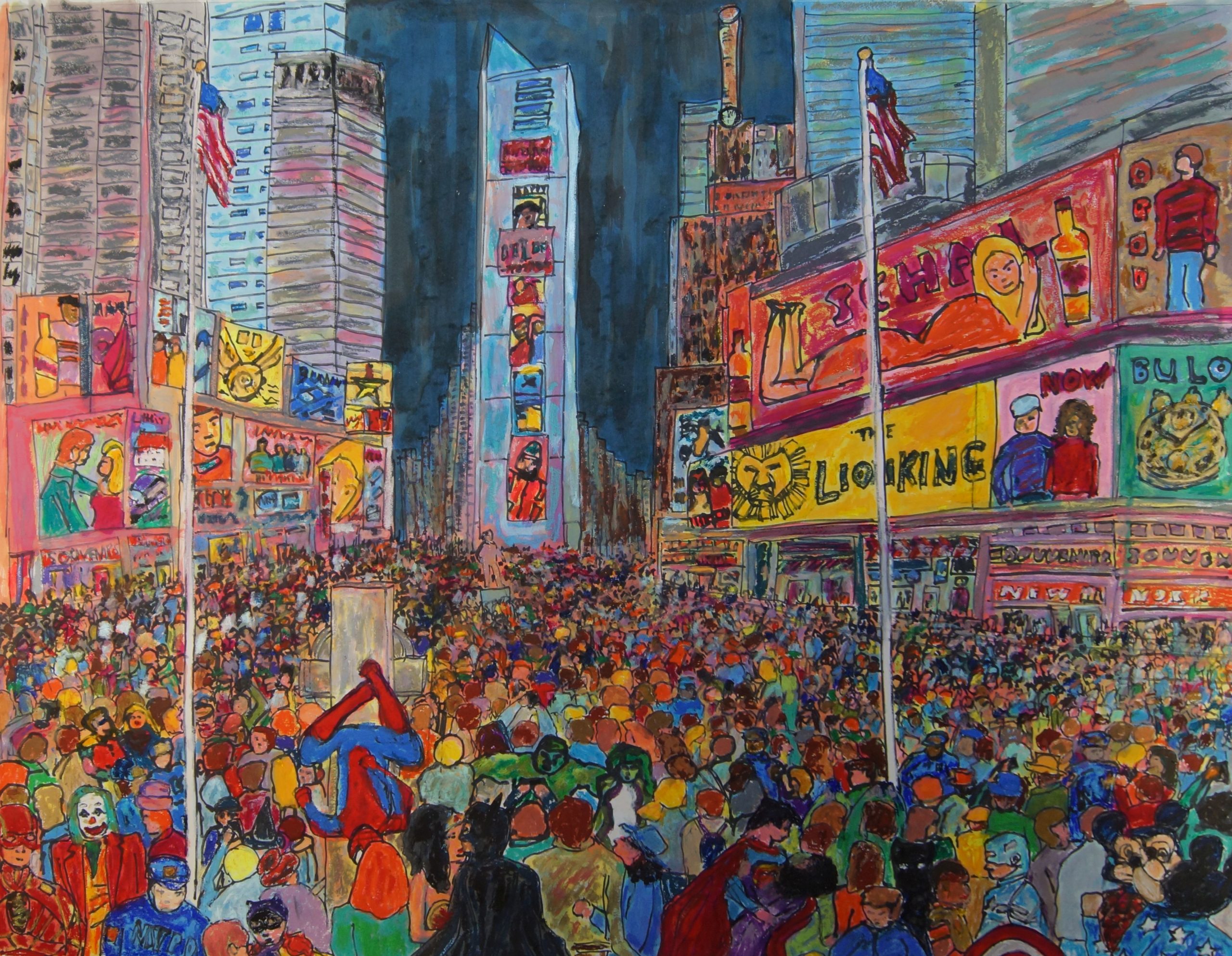 Super-heroes celebrating New Year’s Eve in a city that looks a lot like New York.