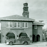 The new firehouse with a truck in front, photo taken in 1953